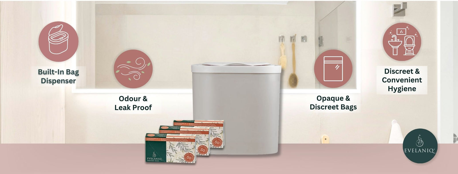Evelaniq sanitary bin with bio-degradable bags, featuring built-in bag dispenser, odour and leak-proof design, discreet hygiene for incontinence waste management in home bathrooms.